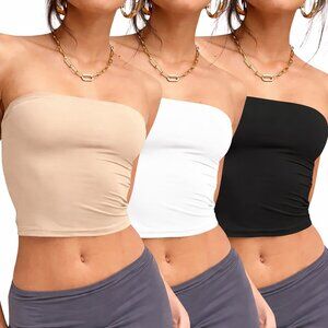 Women's Strapless Tube Top 3-Pack - Black, White, Beige Stretch Bandeau, XS